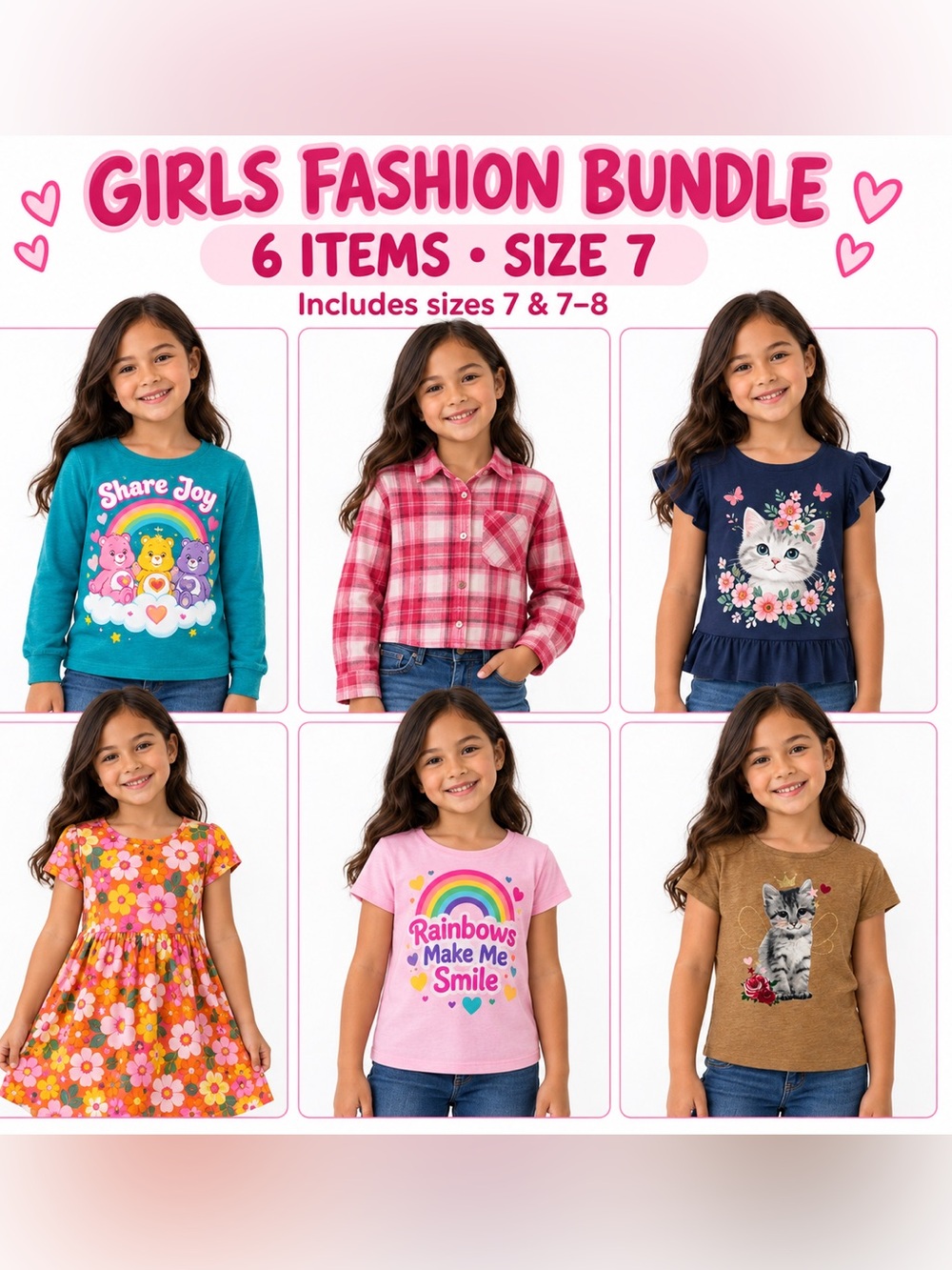 Fashion girls Bundle 6 Pieces Graphic Tops & Floral Dress everyday wear/size 7
